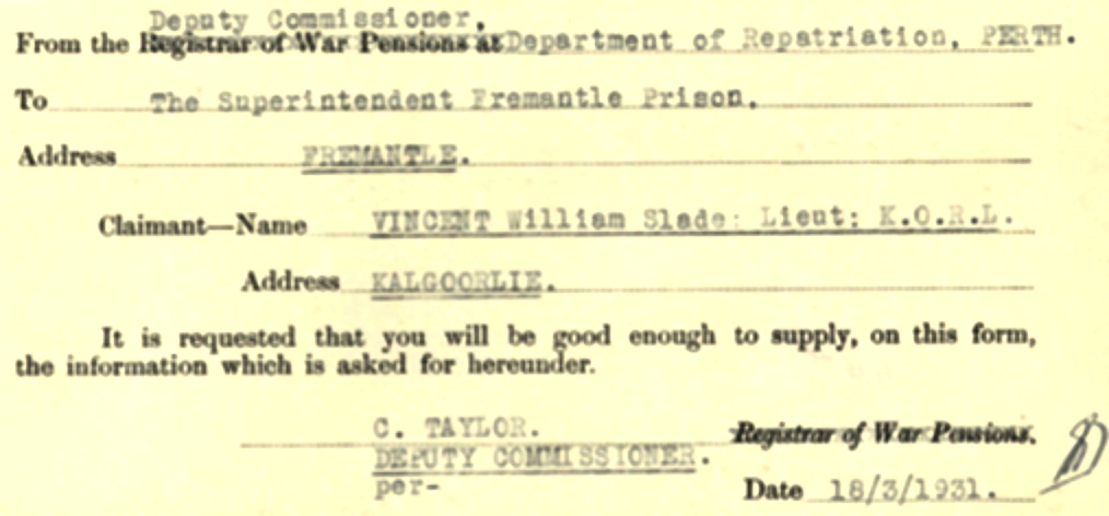 Form S Sent to Fremantle Prison by Repat. Dept.
